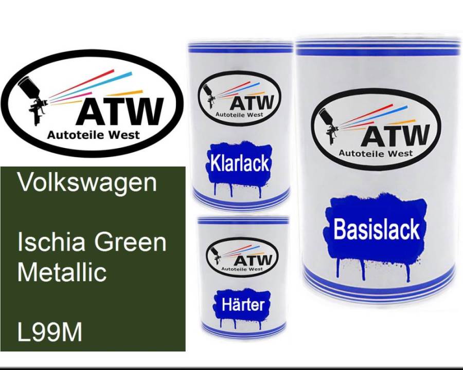 Volkswagen, Ischia Green Metallic, L99M: 500ml Lackdose + 500ml Klarlack + 250ml Härter - Set, von ATW Autoteile West.